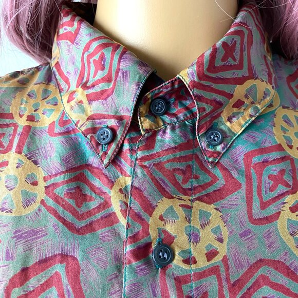 Vintage Silk Button Down Oversized Shirt Streetwear Bohemian Blouse Artsy Top L - Picture 4 of 10